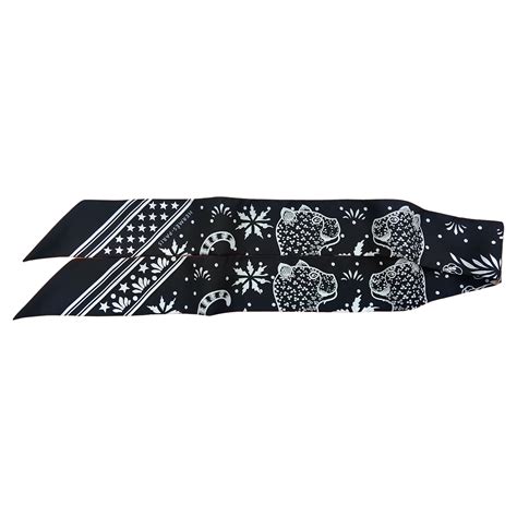 Hermès Twilly Silk Scarf Les Leopards Vauzelles Black White